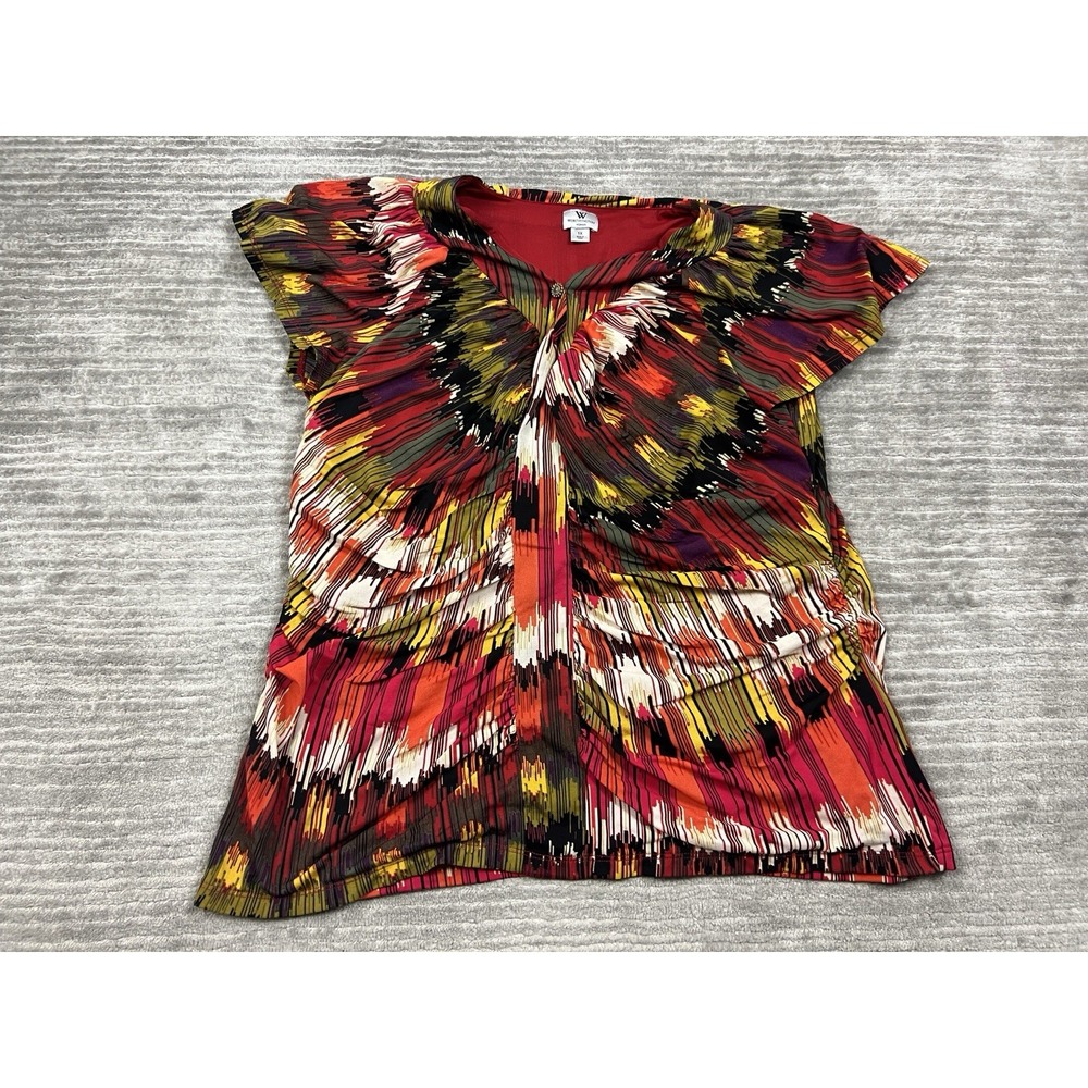 Worthington Top Womens 1X Multicolor V-Neck Short Sleeve‎ Lined Nylon